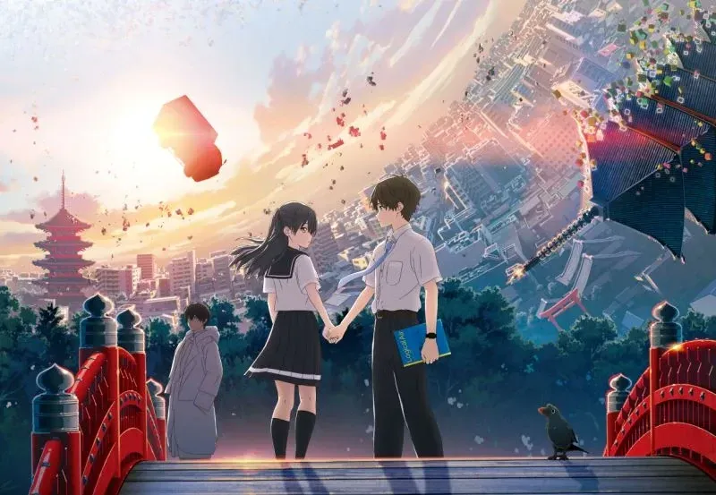 Ilustrasi anime sepasang kekasih berdiri berhadapan di jembatan merah saat matahari terbenam dengan kota Jepang di latar belakang